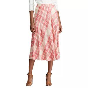 Chaps Ralph Lauren Silky Elastic-Waist Midi Pink & Beige Flowing Midi Skirt